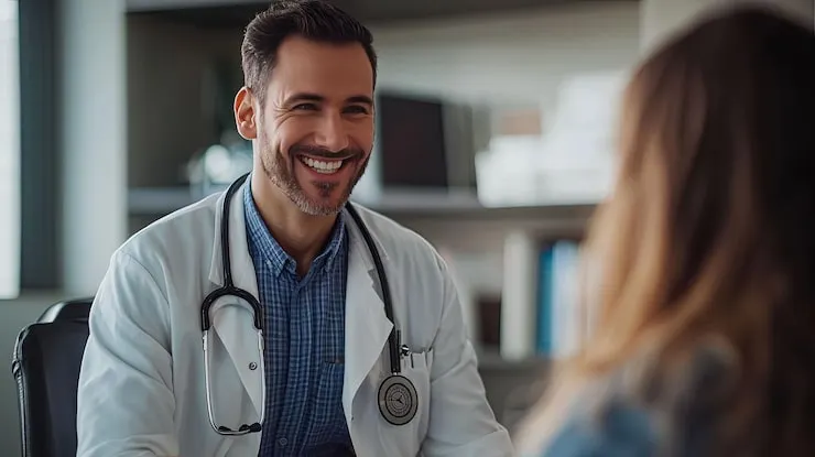 A smiling doctor in consultation with a patient
